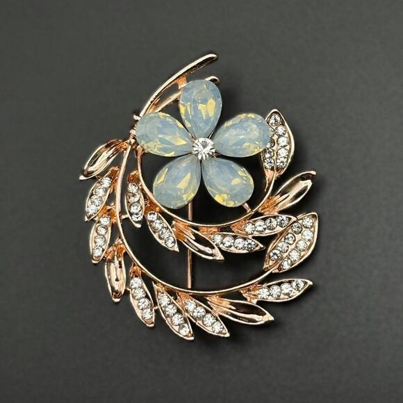 Rose Gold with White Diamond and Opal Crystal Flower and Leaf Pin Back Brooch - Picture 2 of 9